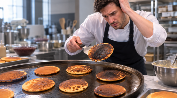 A pastry chef practicing how to bake dorayaki wrappers