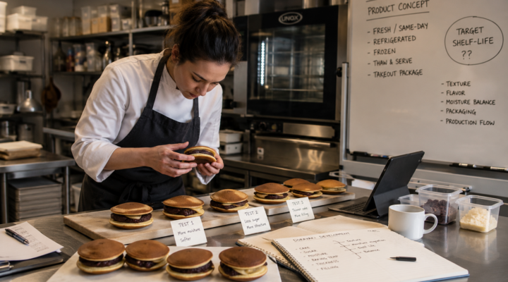 A confectionery workshop currently developing original dorayaki through R&D