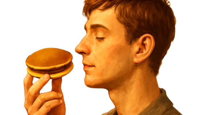 When someone eats dorayaki for the first time, they enjoy the aroma through their nose before taking their first bite.