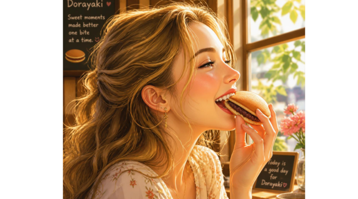 A woman taking a bite of a dorayaki and savoring its moist texture